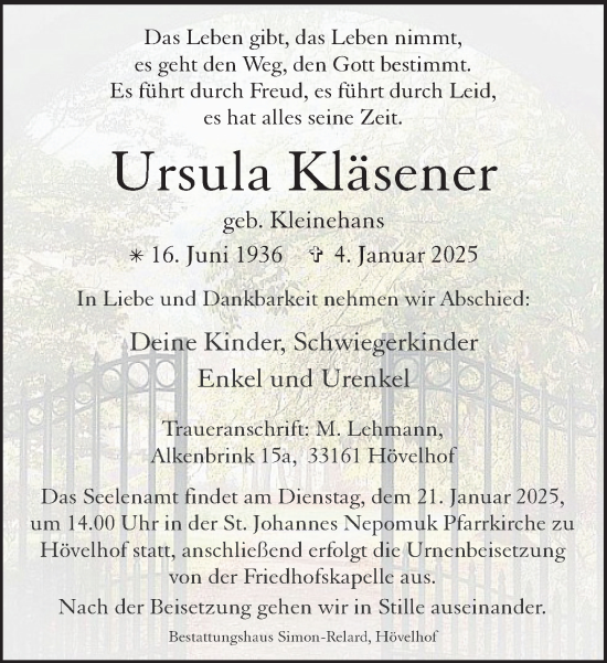 Traueranzeige von Ursula Kläsener von Neue Westfälische