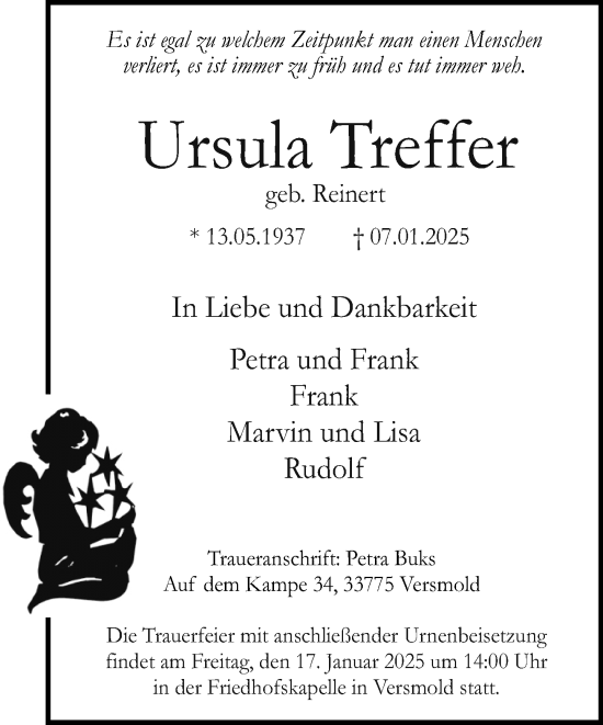 Traueranzeige von Ursula Treffer von Neue Westfälische