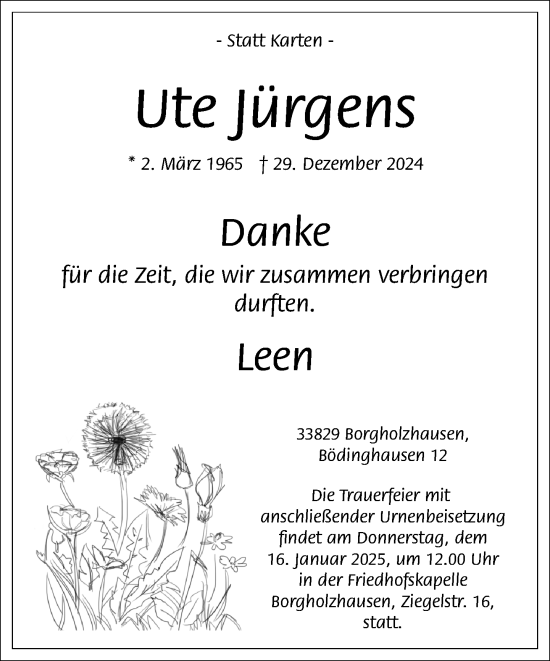 Traueranzeige von Ute Jürgens von Neue Westfälische