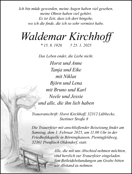 Traueranzeige von Waldemar Kirchhoff von Neue Westfälische und Westfalen-Blatt