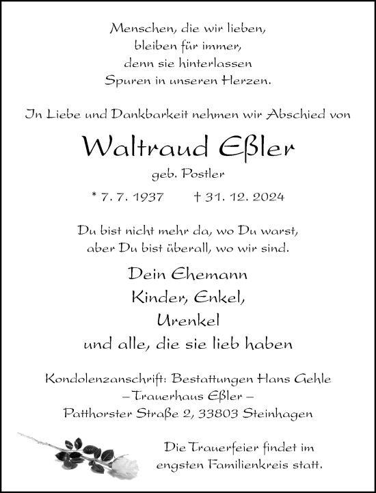 Traueranzeige von Waltraud Eßler von Neue Westfälische