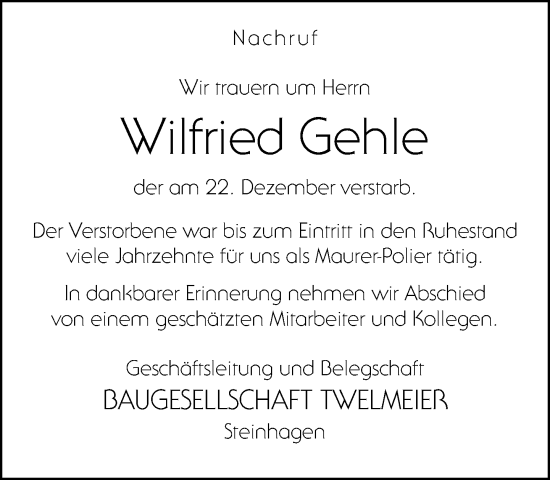 Traueranzeige von Wilfried Gehle von Neue Westfälische