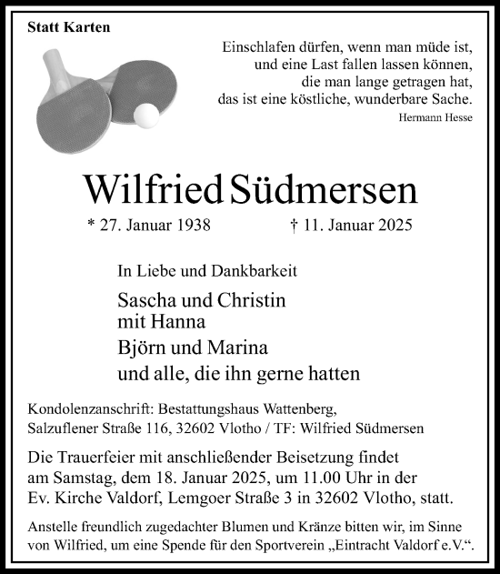 Traueranzeige von Wilfried Südmersen von Neue Westfälische