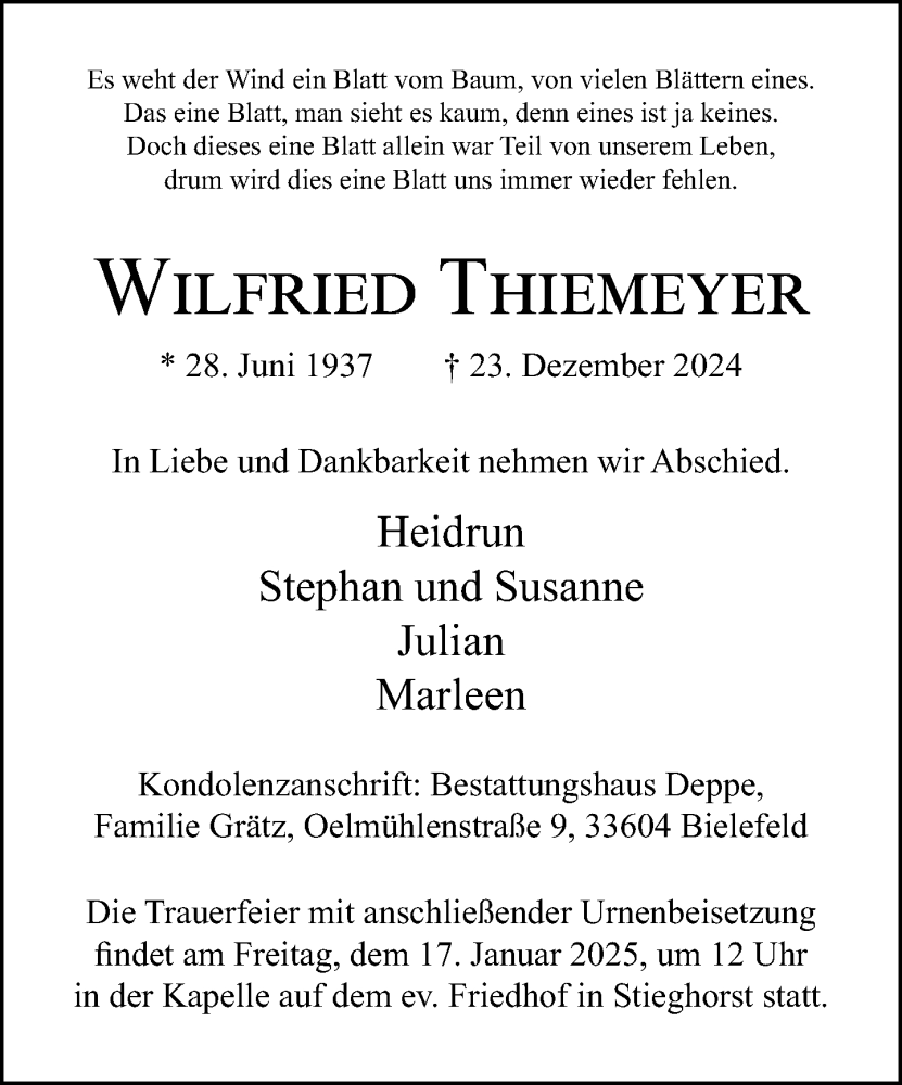  Traueranzeige für Wilfried Thiemeyer vom 04.01.2025 aus Neue Westfälische