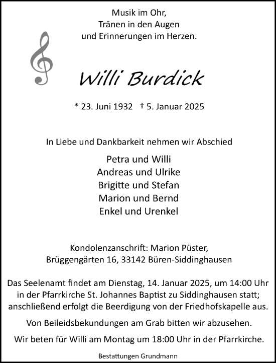 Traueranzeige von Willi Burdick von Neue Westfälische