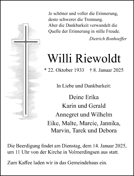 Traueranzeige von Willi Riewoldt von Neue Westfälische