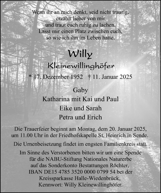 Traueranzeige von Willy Kleinewillinghöfer von Neue Westfälische