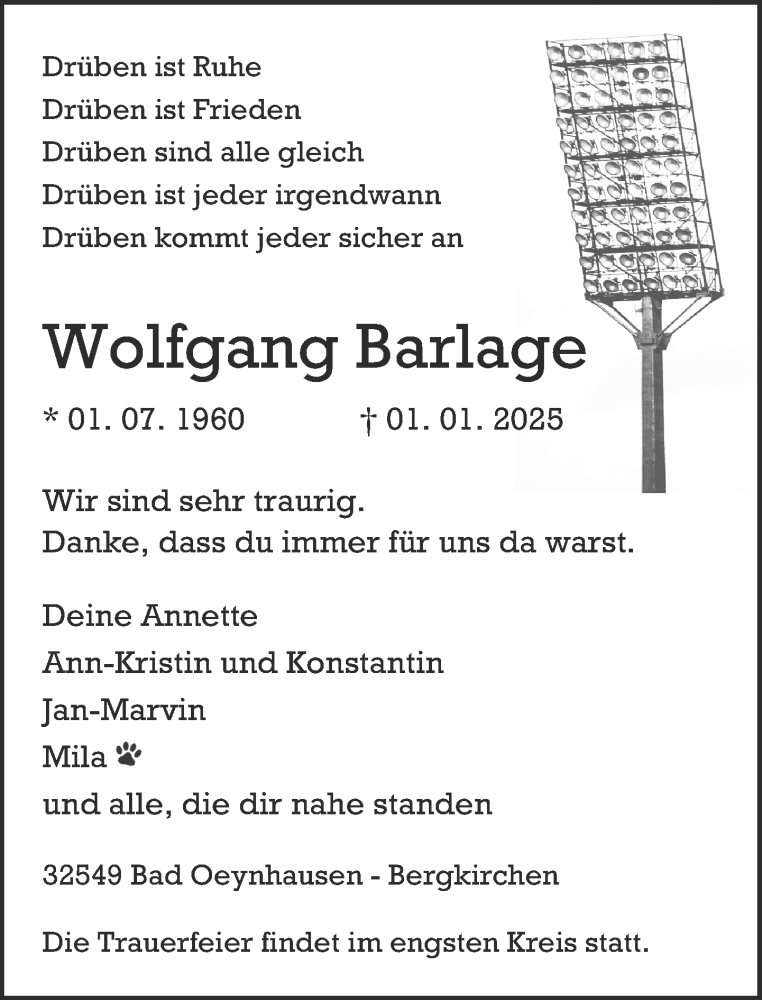  Traueranzeige für Wolfgang Barlage vom 04.01.2025 aus Neue Westfälische