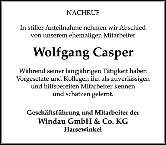 Traueranzeige von Wolfgang Casper von Neue Westfälische