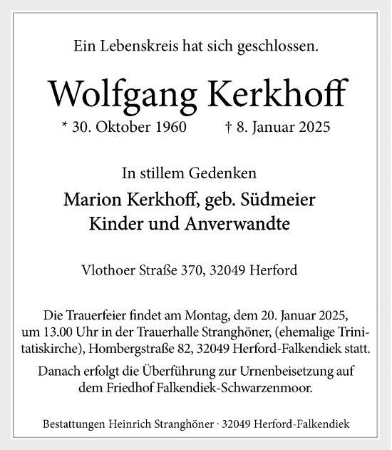 Traueranzeige von Wolfgang Kerkhoff von Neue Westfälische