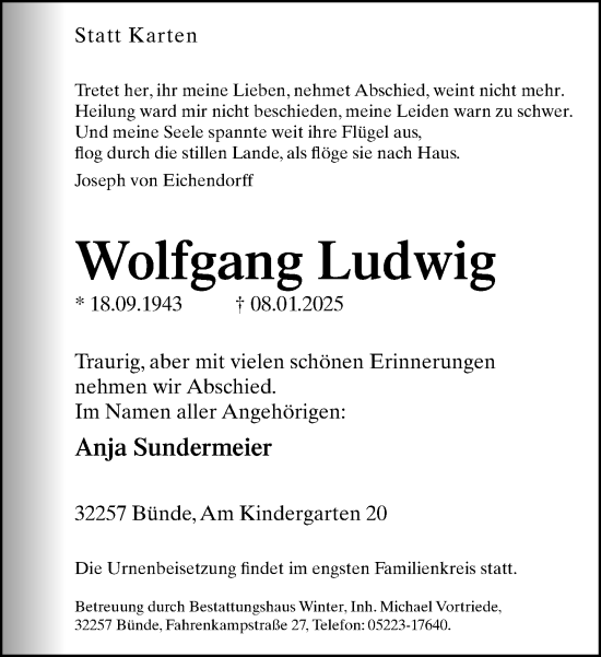 Traueranzeige von Wolfgang Ludwig von Neue Westfälische