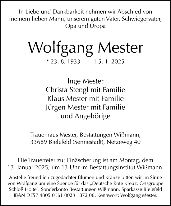 Traueranzeige von Wolfgang Mester von Neue Westfälische