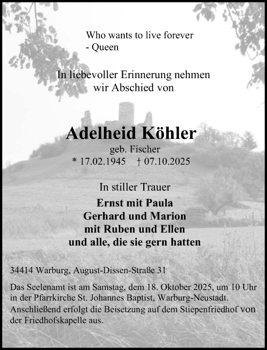 Traueranzeige von Adelheid Köhler von Neue Westfälische und Westfalen-Blatt