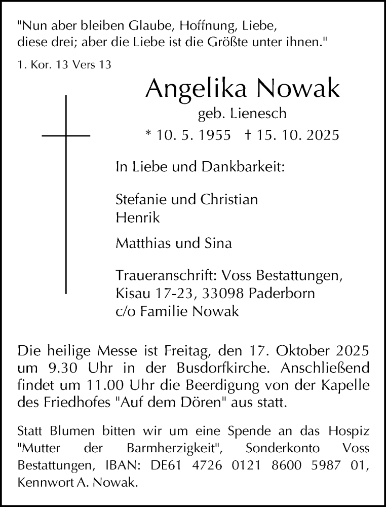  Traueranzeige für Angelika Nowak vom 16.10.2025 aus Neue Westfälische und Westfalen-Blatt