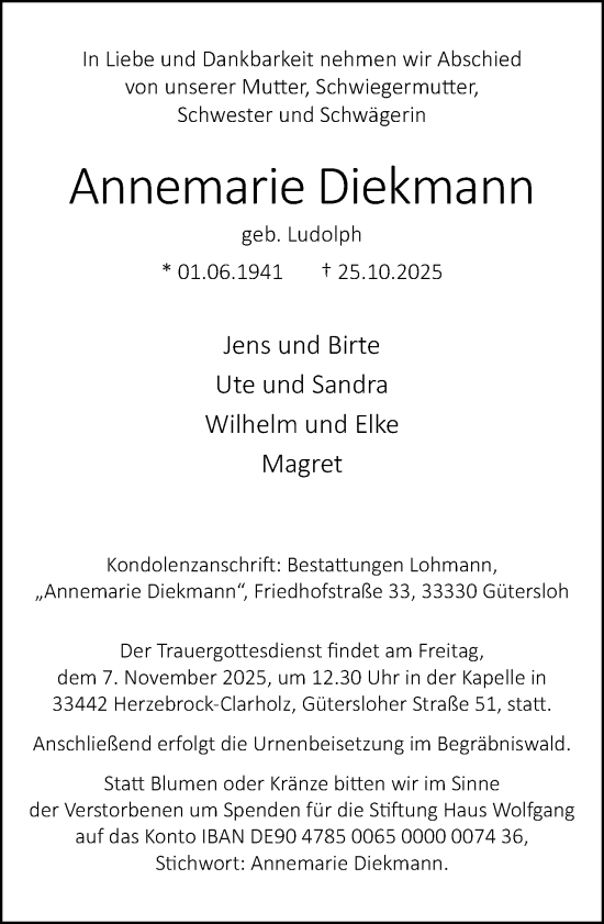 Traueranzeige von Annemarie Diekmann von Neue Westfälische und Westfalen-Blatt