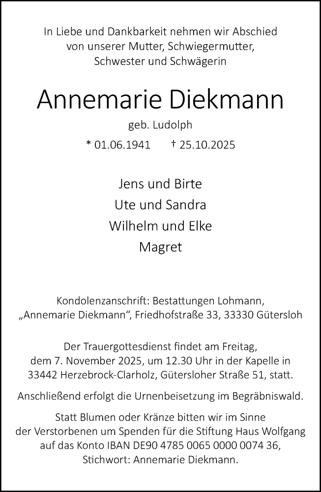  Traueranzeige für Annemarie Diekmann vom 31.10.2025 aus Neue Westfälische und Westfalen-Blatt