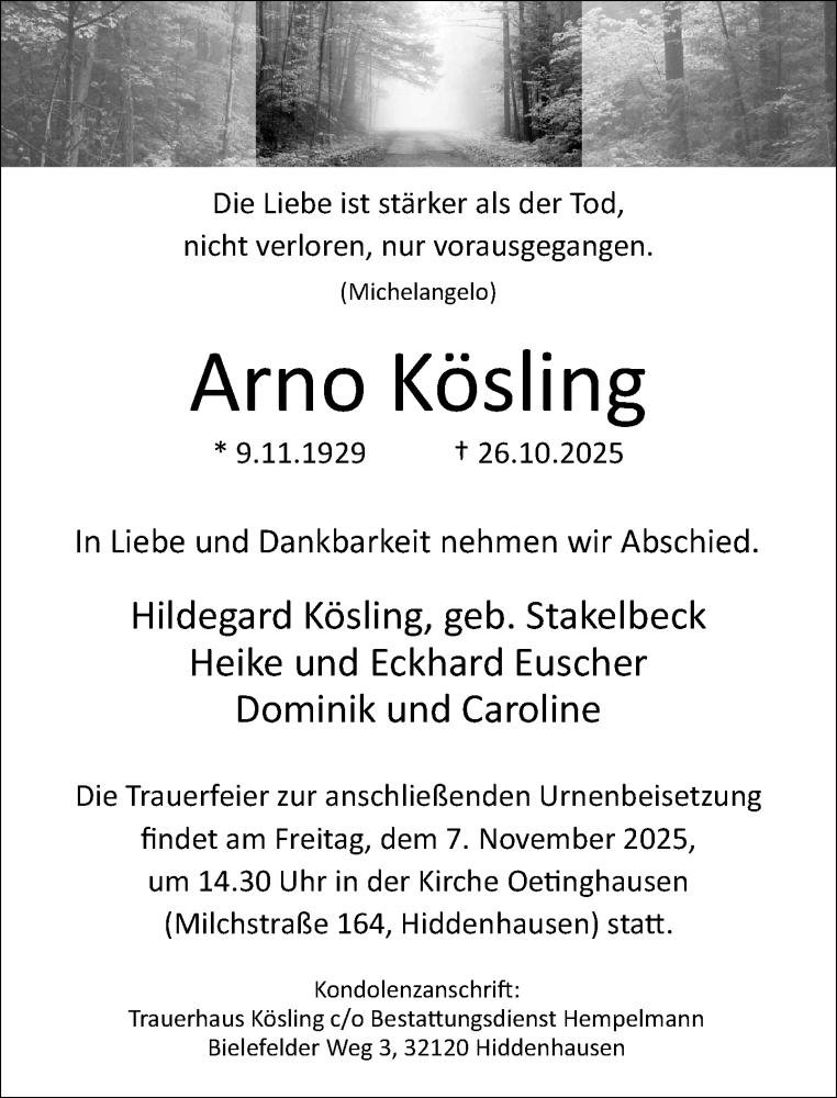  Traueranzeige für Arno Kösling vom 31.10.2025 aus Neue Westfälische und Westfalen-Blatt