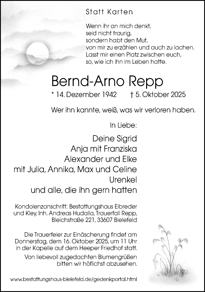  Traueranzeige für Bernd-Arno Repp vom 11.10.2025 aus Neue Westfälische und Westfalen-Blatt