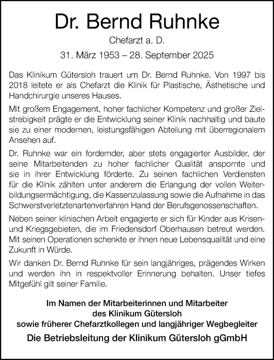 Traueranzeige von Bernd Ruhnke von Neue Westfälische und Westfalen-Blatt