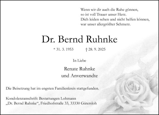Traueranzeige von Bernd Ruhnke von Neue Westfälische und Westfalen-Blatt