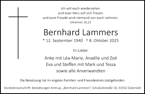 Traueranzeige von Bernhard Lammers von Neue Westfälische und Westfalen-Blatt