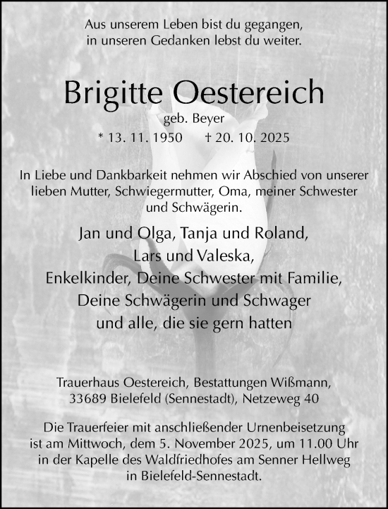 Traueranzeige von Brigitte Oestereich von Neue Westfälische und Westfalen-Blatt