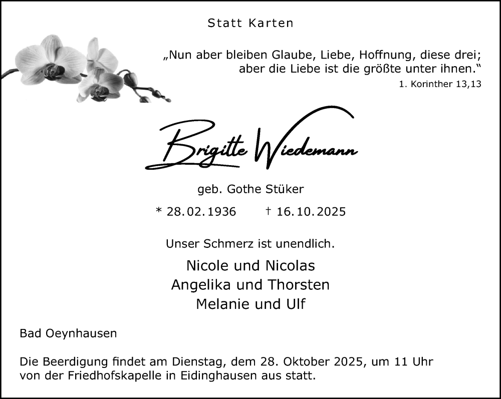  Traueranzeige für Brigitte Wiedemann vom 25.10.2025 aus Neue Westfälische und Westfalen-Blatt