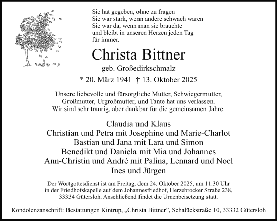 Traueranzeige von Christa Bittner von Neue Westfälische und Westfalen-Blatt