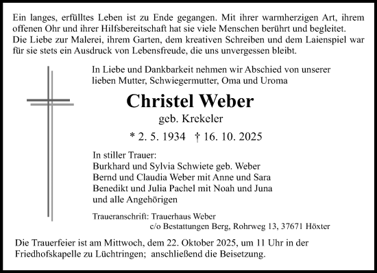 Traueranzeige von Christel Weber von Neue Westfälische und Westfalen-Blatt