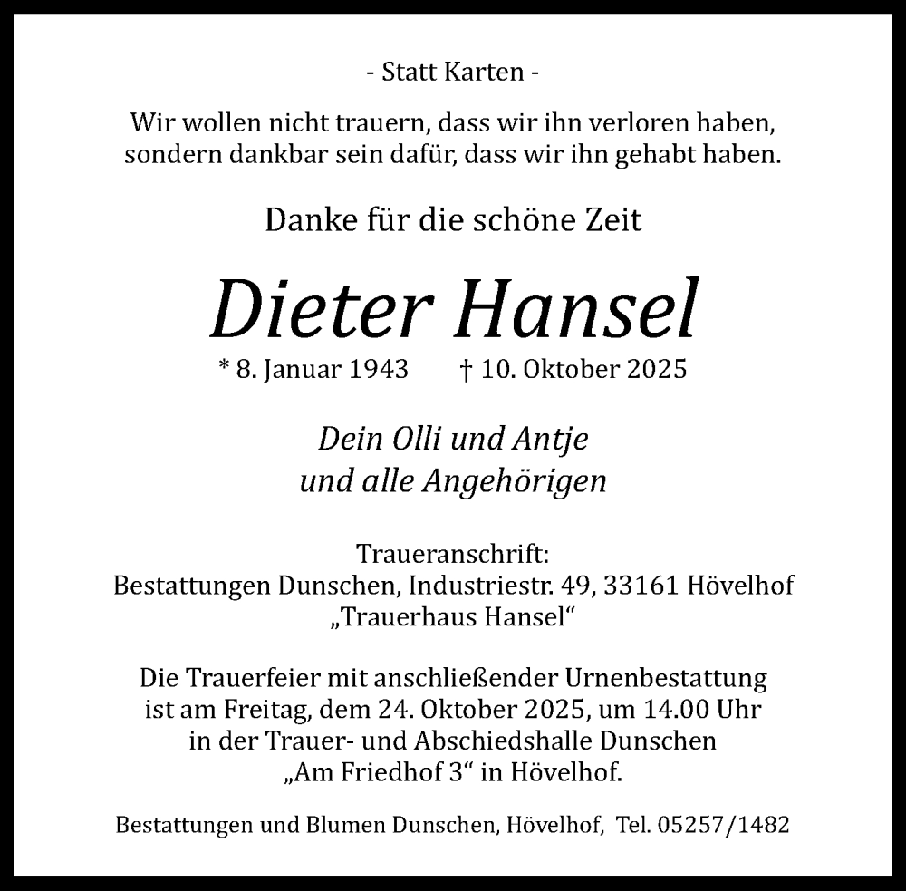  Traueranzeige für Dieter Hansel vom 18.10.2025 aus Neue Westfälische und Westfalen-Blatt