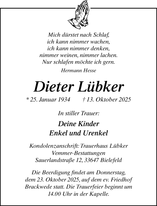 Traueranzeige von Dieter Lübker von Neue Westfälische und Westfalen-Blatt