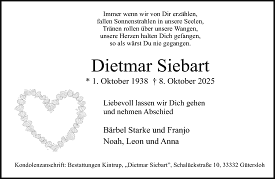 Traueranzeige von Dietmar Siebart von Neue Westfälische und Westfalen-Blatt