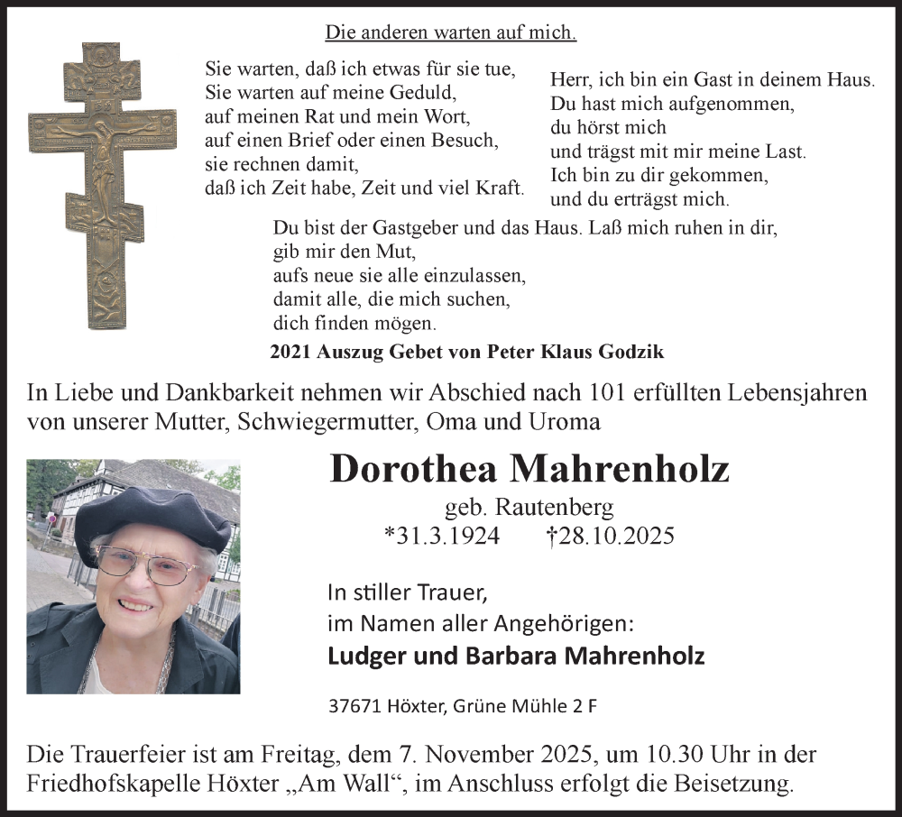  Traueranzeige für Dorothea Mahrenholz vom 31.10.2025 aus Neue Westfälische und Westfalen-Blatt