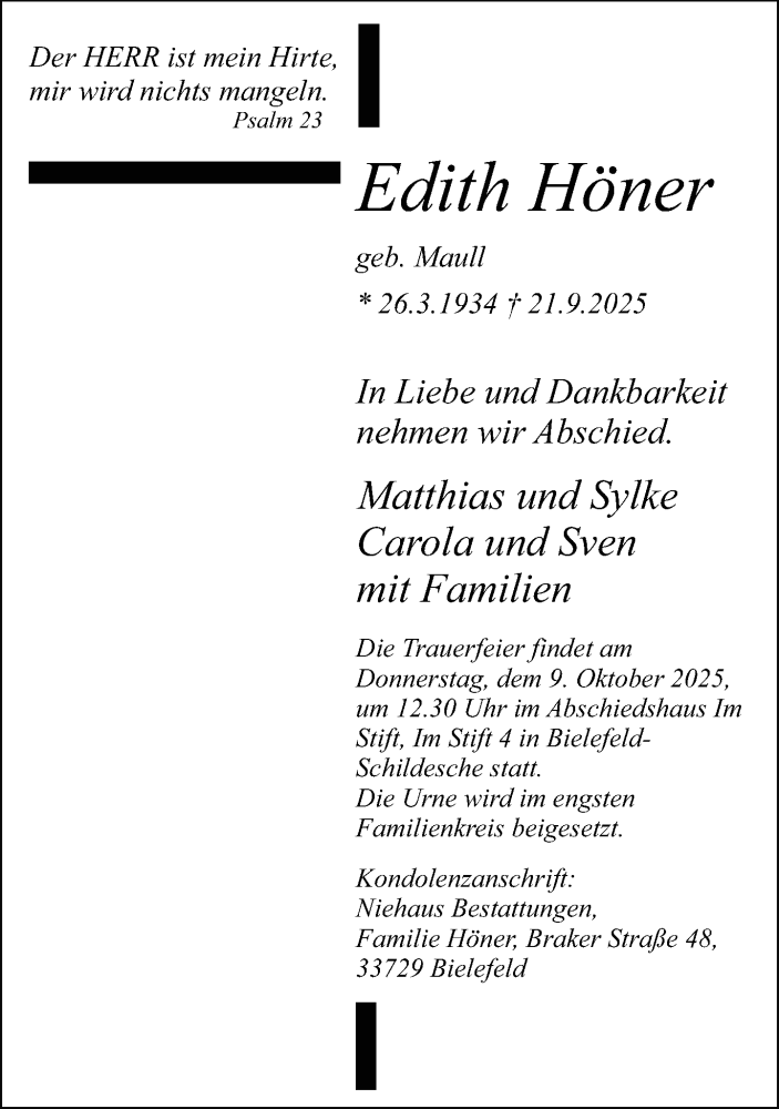  Traueranzeige für Edith Höner vom 04.10.2025 aus Neue Westfälische und Westfalen-Blatt