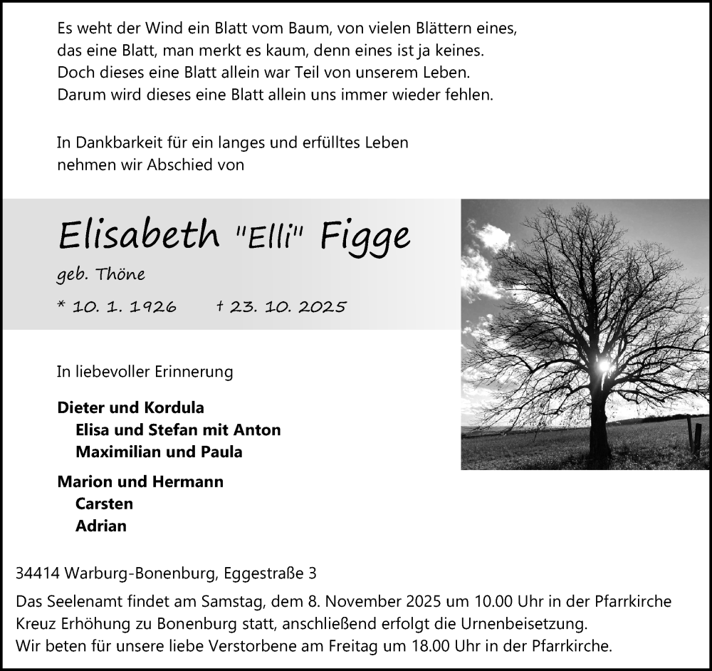  Traueranzeige für Elisabeth Figge vom 31.10.2025 aus Neue Westfälische und Westfalen-Blatt
