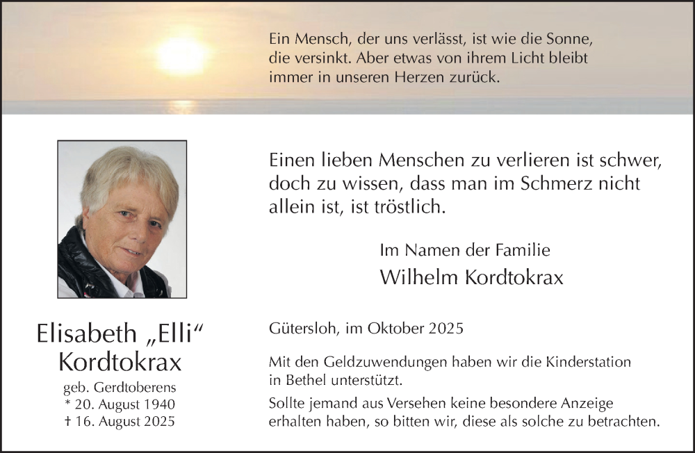  Traueranzeige für Elisabeth Kordtokrax vom 04.10.2025 aus Neue Westfälische und Westfalen-Blatt