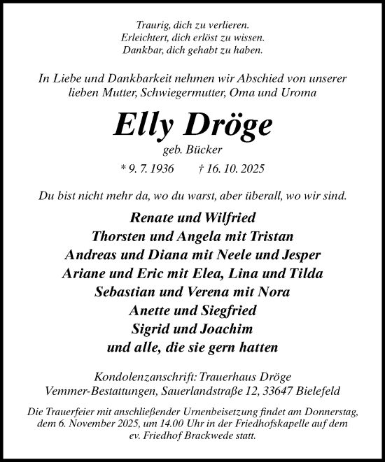 Traueranzeige von Elly Dröge von Neue Westfälische und Westfalen-Blatt