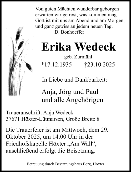 Traueranzeige von Erika Wedeck von Neue Westfälische und Westfalen-Blatt