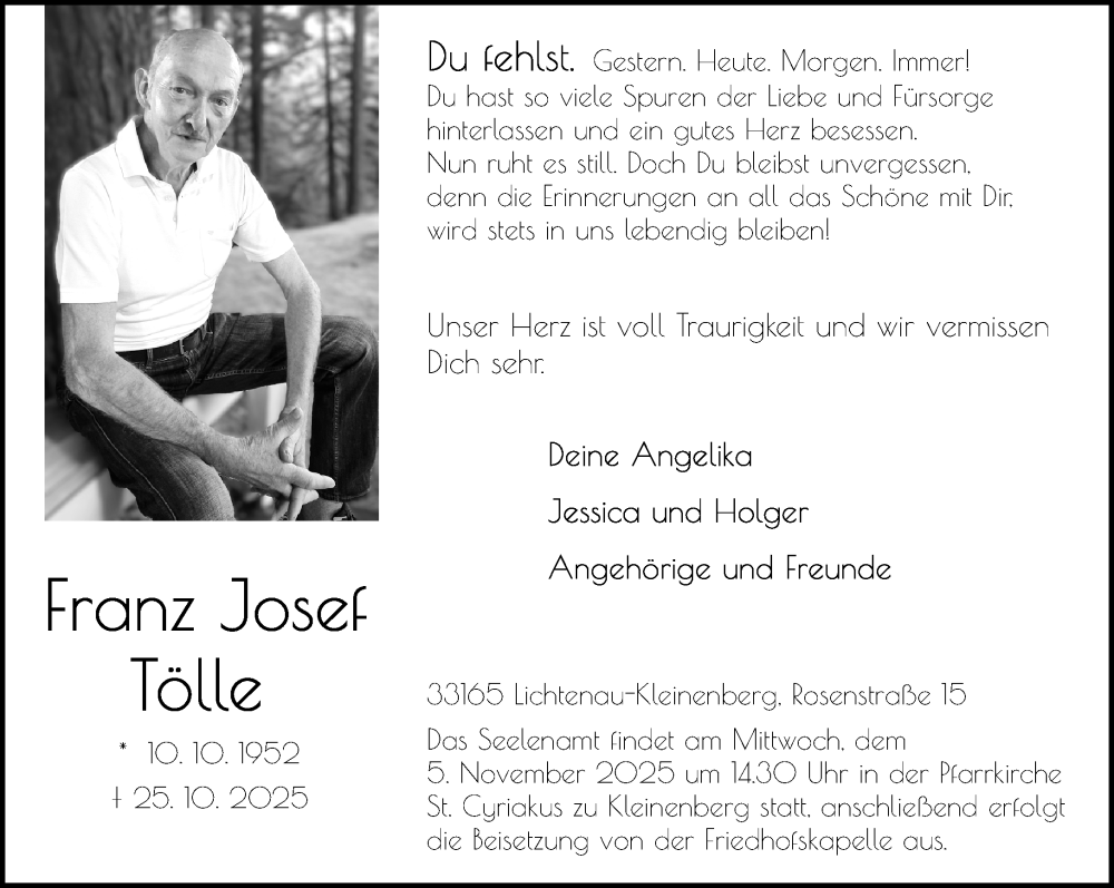  Traueranzeige für Franz Josef Tölle vom 31.10.2025 aus Neue Westfälische und Westfalen-Blatt