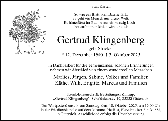 Traueranzeige von Gertrud Klingenberg von Neue Westfälische und Westfalen-Blatt