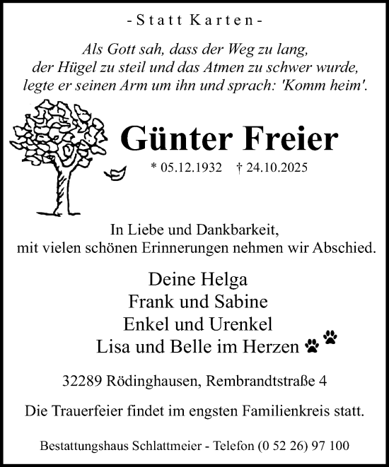 Traueranzeige von Günter Freier von Neue Westfälische und Westfalen-Blatt