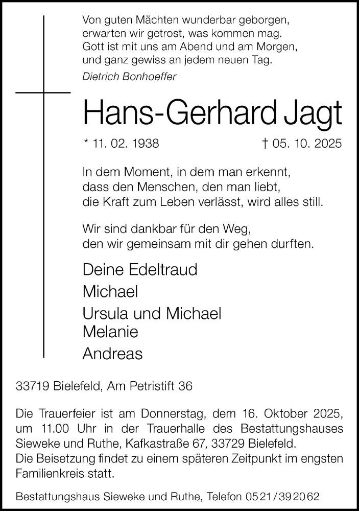  Traueranzeige für Hans-Gerhard Jagt vom 11.10.2025 aus Neue Westfälische und Westfalen-Blatt