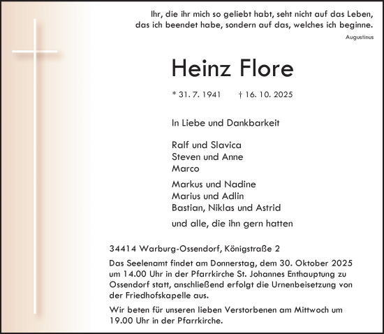 Traueranzeige von Heinz Flore von Neue Westfälische und Westfalen-Blatt