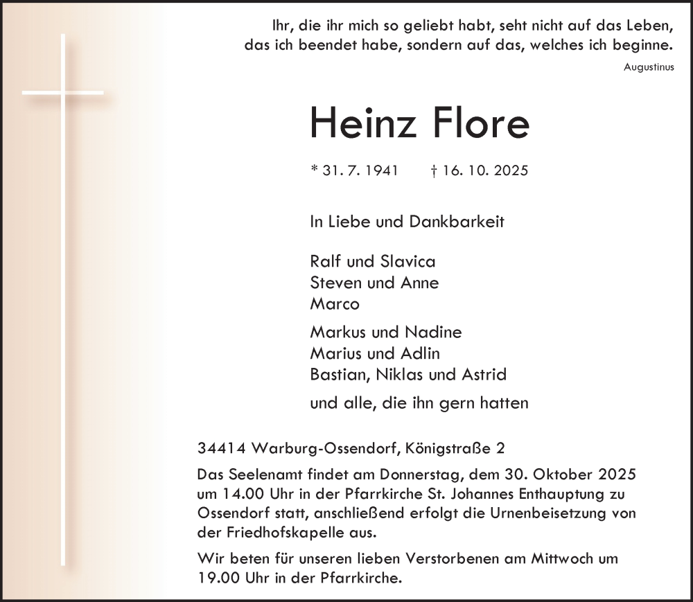  Traueranzeige für Heinz Flore vom 25.10.2025 aus Neue Westfälische und Westfalen-Blatt