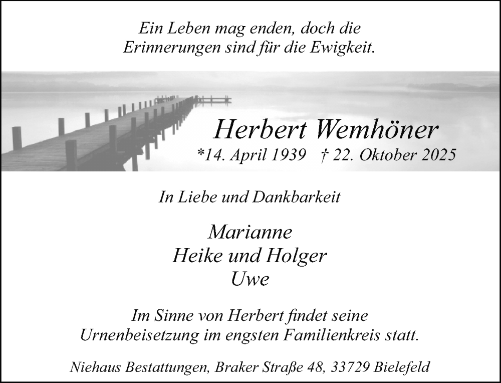  Traueranzeige für Herbert Wemhöner vom 31.10.2025 aus Neue Westfälische und Westfalen-Blatt