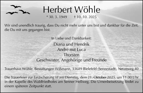 Traueranzeige von Herbert Wöhle von Neue Westfälische und Westfalen-Blatt