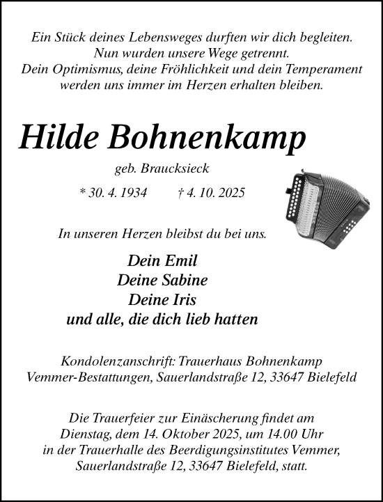 Traueranzeige von Hilde Bohnenkamp von Neue Westfälische und Westfalen-Blatt