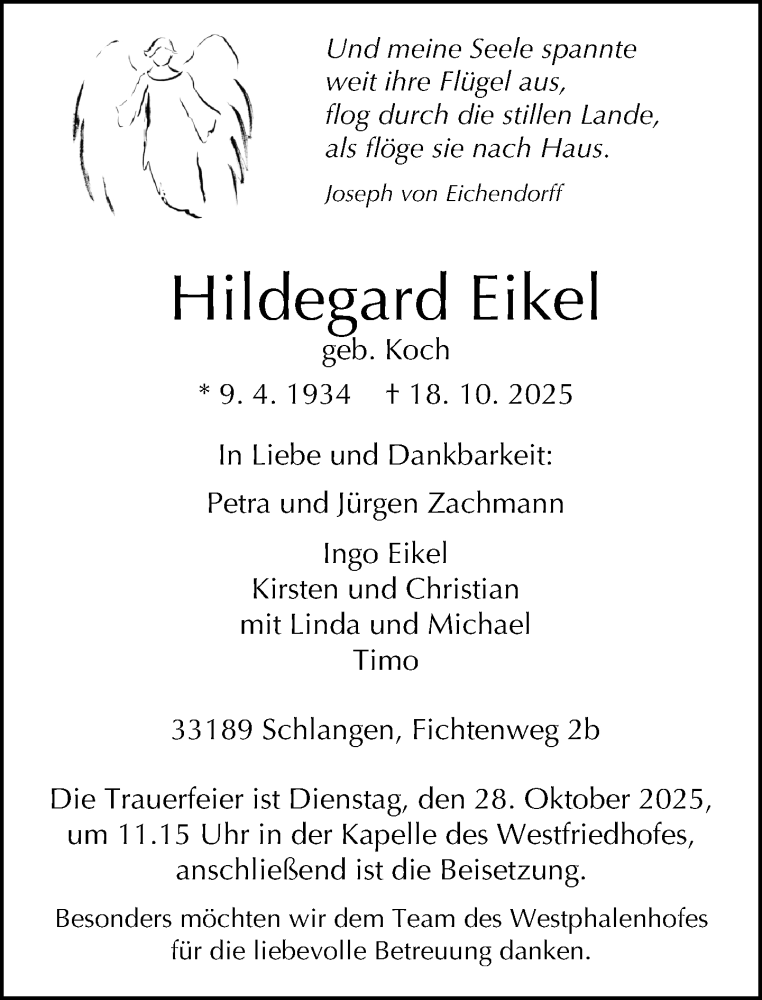  Traueranzeige für Hildegard Eikel vom 22.10.2025 aus Neue Westfälische und Westfalen-Blatt
