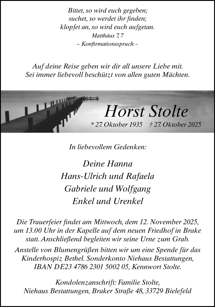  Traueranzeige für Horst Stolte vom 31.10.2025 aus Neue Westfälische und Westfalen-Blatt