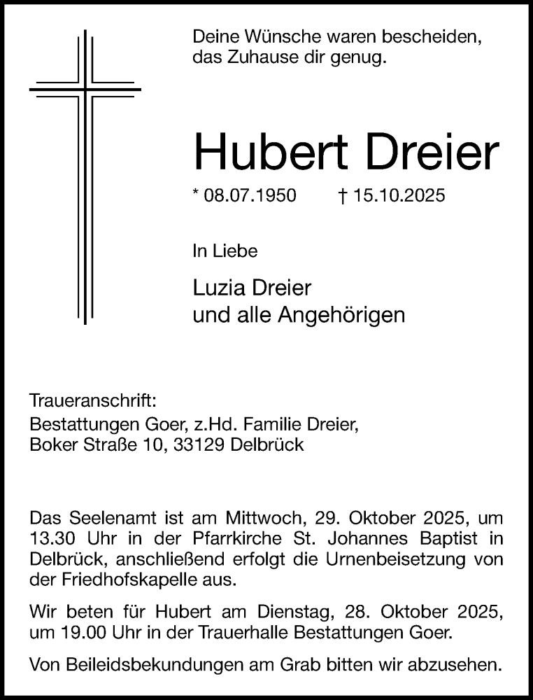  Traueranzeige für Hubert Dreier vom 25.10.2025 aus Neue Westfälische und Westfalen-Blatt